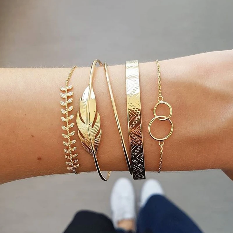 5 шт./компл. Ретро узор круглый кристалл в форме листика цепи золотое открытие многослойный браслет набор изысканные ювелирные аксессуары женский браслет