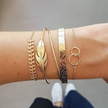 5 шт./компл. Ретро узор круглый кристалл в форме листика цепи золотое открытие многослойный браслет набор изысканные ювелирные аксессуары женский браслет