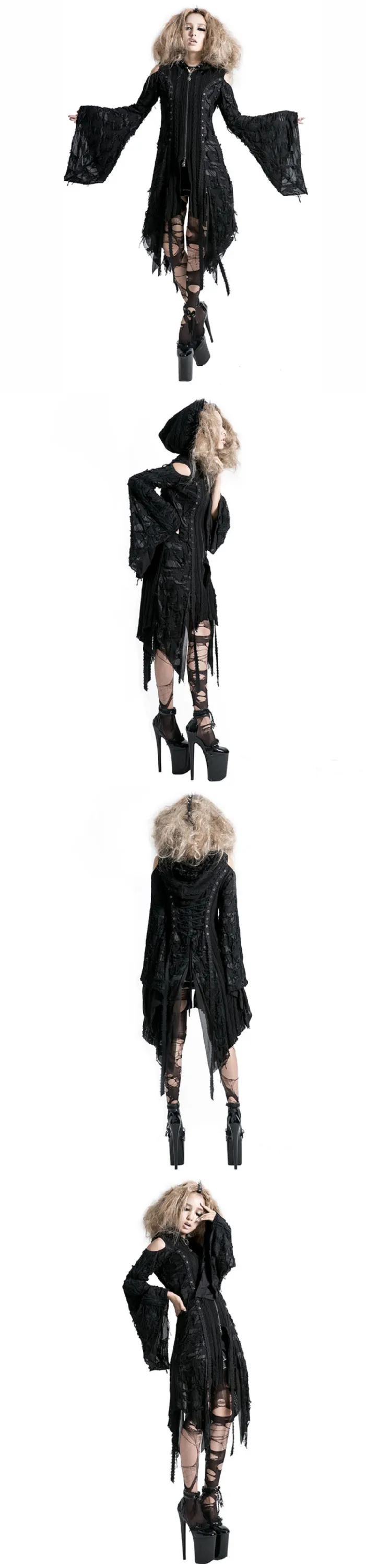Панк рейв женский панк рок черный рукав летучая мышь кардиган готический с капюшоном Женский Асимметричный свитер Хэллоуин ведьма длинное пальто