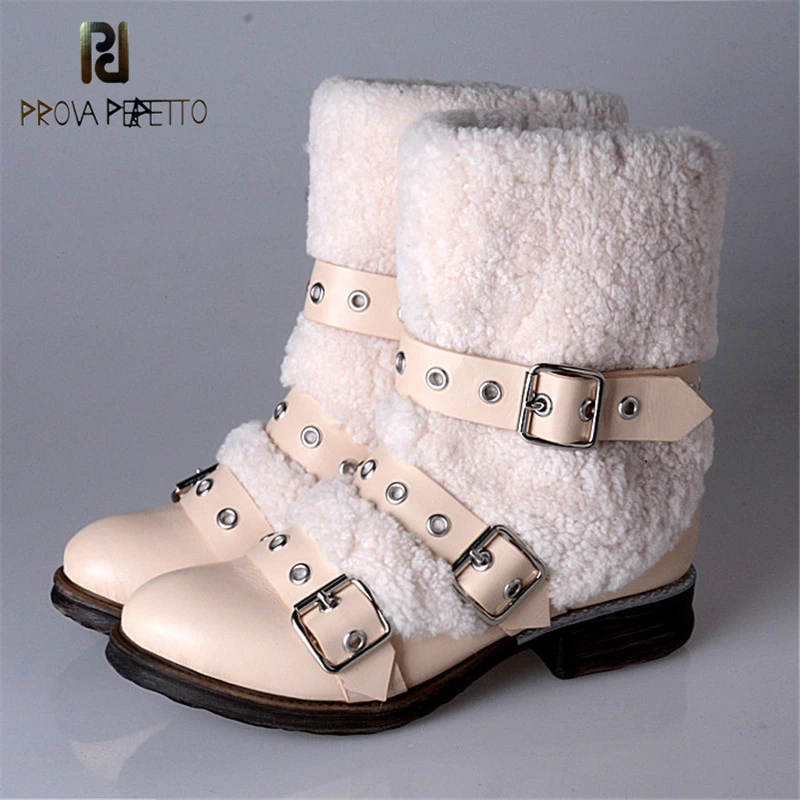 

Prova Perfetto Sweety Genuine Leather With Fur Buckle Strap Design Woman Short Boots Fashion Warm Round Toe Low Heel Snow Boots