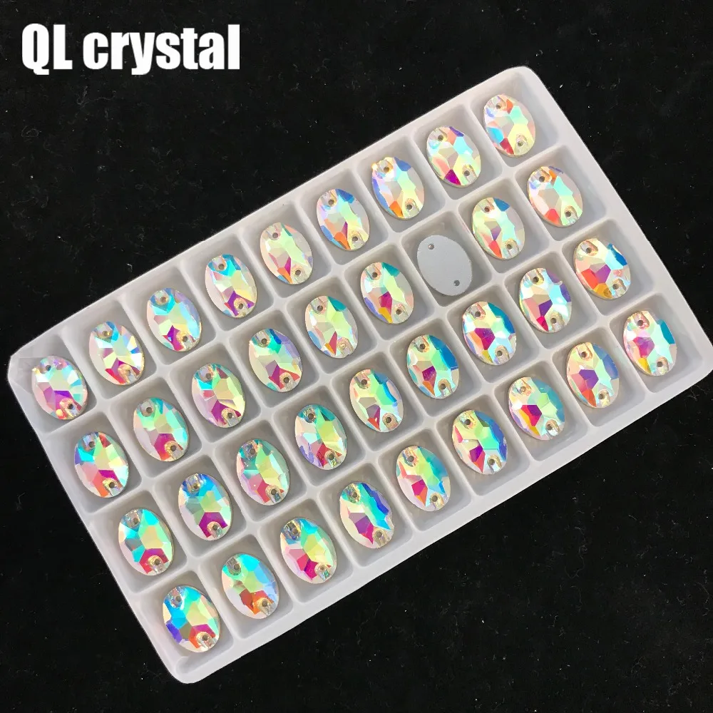 QL Кристалл Овальный пришить стразы ясно, Crystal AB Flatback 2 круглых отверстия для DIY одежды сумки обувь аксессуары