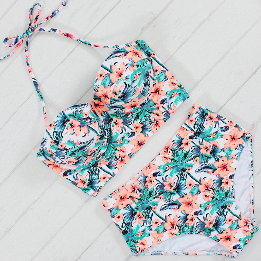 2017 Sexy Floral Printed Summer Beach Bathing Suit Push Up Swimsuit Women Underwire Swimwear Bikini Set High Waist Beachwear
