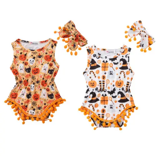 

Newborn Baby Boys Girls Halloween Romper Tassel Jumpsuit Headband Outfits Set