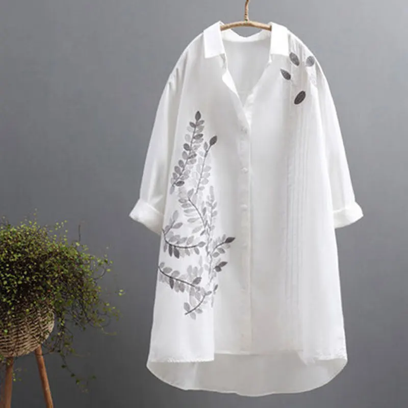 

New Spring Fashion Women Shirt Plus Size Long Sleeve Loose Casual Ladies Tops Female Cotton Leaf Embroidery Long Blouses D122