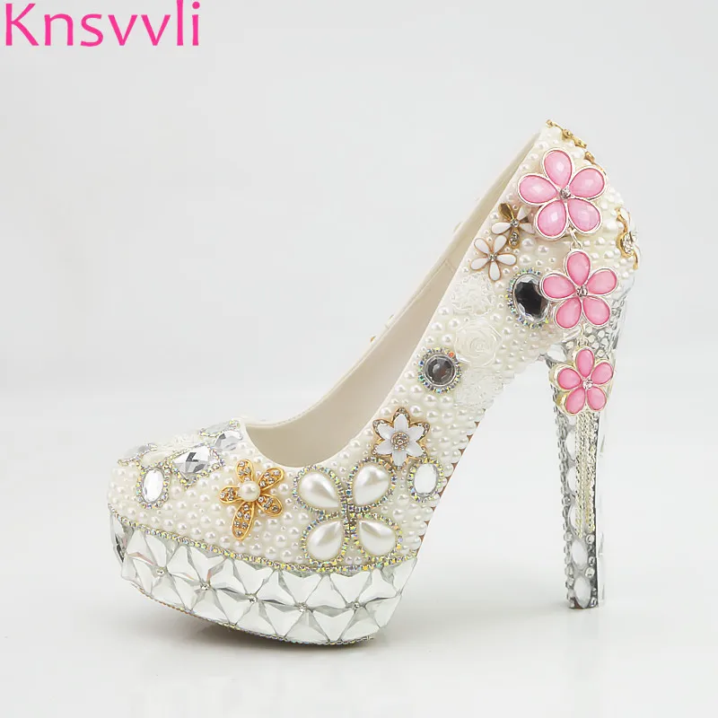 

Crystal heel heeled shoes woman pearl Inlaid Rhinestone floret manual women shoes high heel white wedding shoes platform shoes