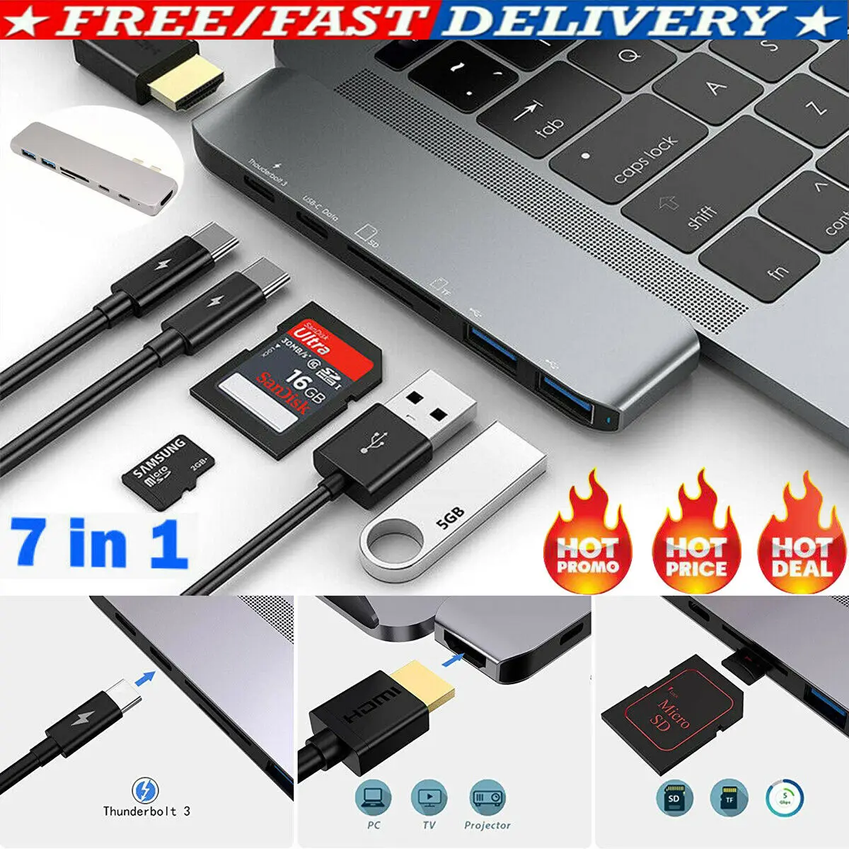 

7-in-1 USB C Hub USB Type C 3.1 Adapter Dock with 4K HDMI PD Charge for MacBook