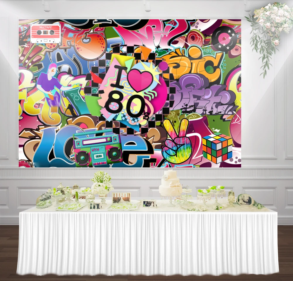 HUAYI Graffiti wall 80s birthday party photography backdrop background  for 80s party Decorations sm-127