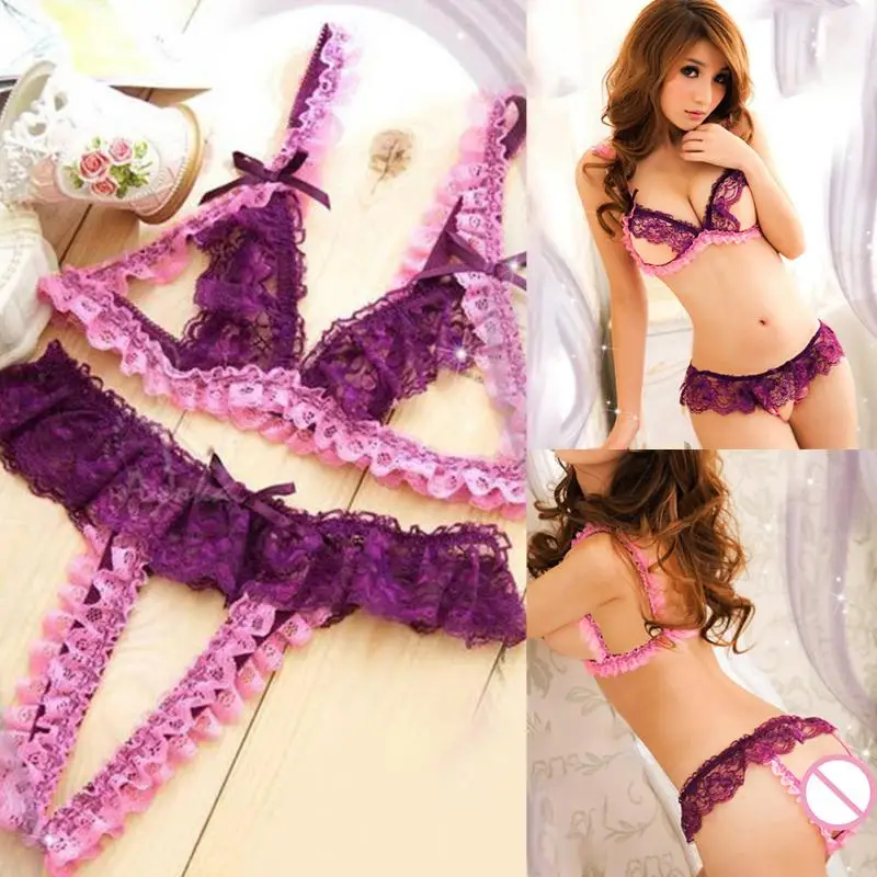

New arrival Summer female Sexy sweet Lace side Lingerie Women Bra Open Crotch G-string Set Underwear soft breathable