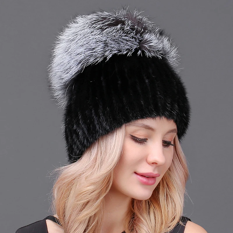 Женские вязаные шапки из меха норки, Высококачественная норковая шапка с роскошными помпонами из меха лисы, женские шапки, зимняя шапка - Цвет: Black