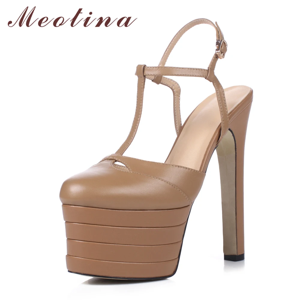 

Meotina Women Shoes Summer Sandals Natural Genuine Leather Platform Thin Heel Shoes Sexy Super High Heel T-Strap Sandals Size 40
