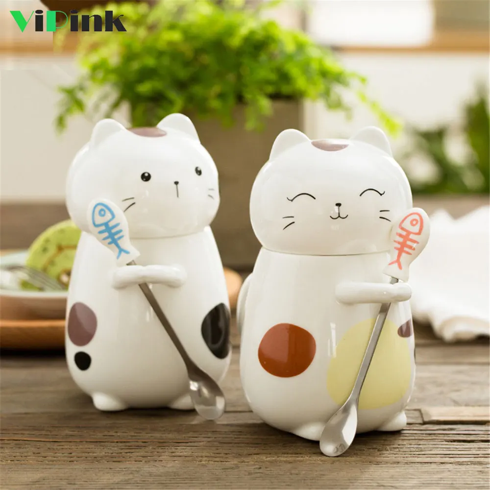 

Cute Cat Coffee Cup Porcelain Mugs Porcelain 3D Anime Mug With Lid And Spoon 400ML Ceramic Cups And Mugs Breakfast Milk Cup Gift