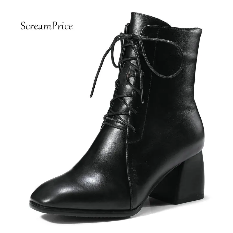 

Ladies Genuine Leather Comfort Thick Cross Tied Ankle Boots Fashion Square Toe Zipper Winter Bootie Red Black