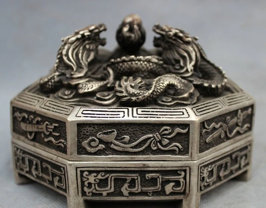 

Tibet Silver 8 Auspicious Symbol Dragon Statue Bronze Box Incense Burner Censer