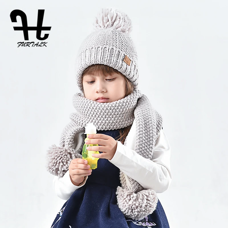FURTALK/комплект из шапки и шарфа для детей 2-8 лет; теплая плотная эластичная вязаная шапочка; вязаная шапка с помпонами