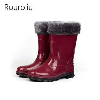 

Rouroliu Women Non-Slip Rainboots Waterproof Water Shoes Woman Wellies Mid-Calf Rain Boots Warm Fur RT295