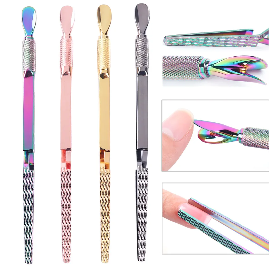 

1pcs Chameleon Rainbow Stainless Steel Nail Pusher Cuticle Remover Gel Curve Pinching Nail Extension Manicure Tool JIST01-04
