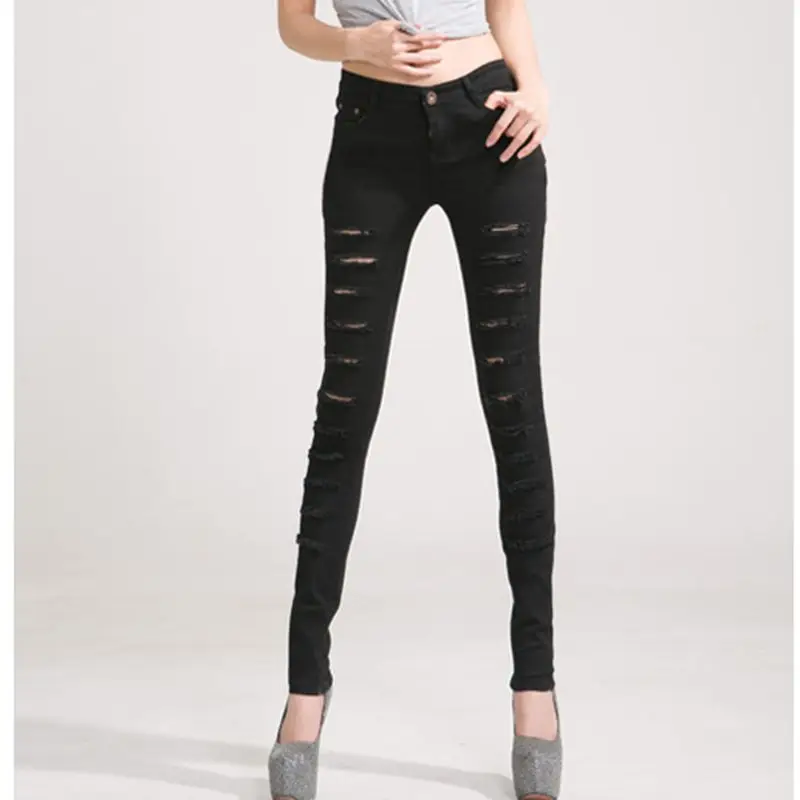 

2018 fashion white and black hole pant female torn ankle pencil pants ripped Slim pencil pants casual leggings