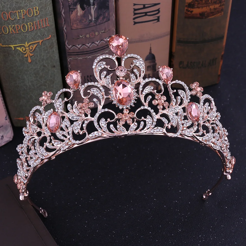 Kmvexo Rose Gold Pink Crystal Bridal Crowns Women Party Hair Decoration