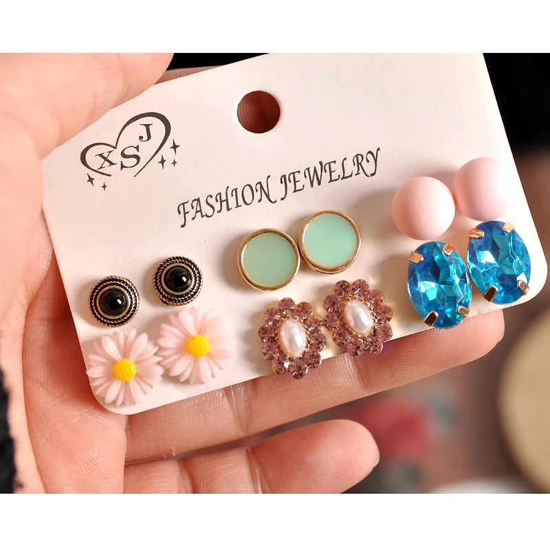 

New antique women jewelry wholesale Girls Birthday Party ear nail pink green powder with 6 /set ear ring free shipping