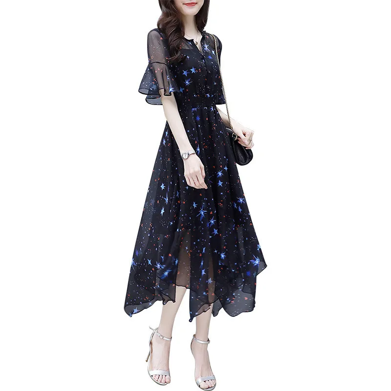 

2019 New Spring/Summer Irregular Loose Half Flare Sleeve V-Neck Mid-Calf Print Starry Sky Long Chiffon Dress Women Party Dress