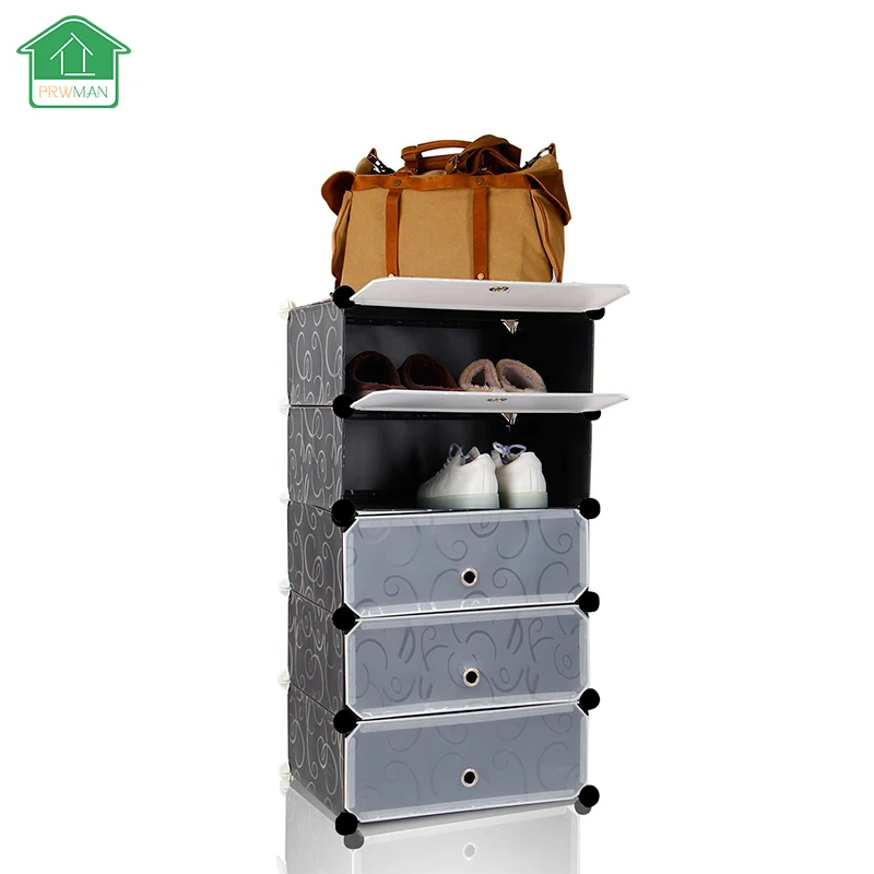 PRWMAN 2017 Novo Sapato Sapateira Empilhável multi 5 cube Portas de Armários de Gavetas de Armazenamento De plástico Organizador Do Brinquedo Preto com Branco