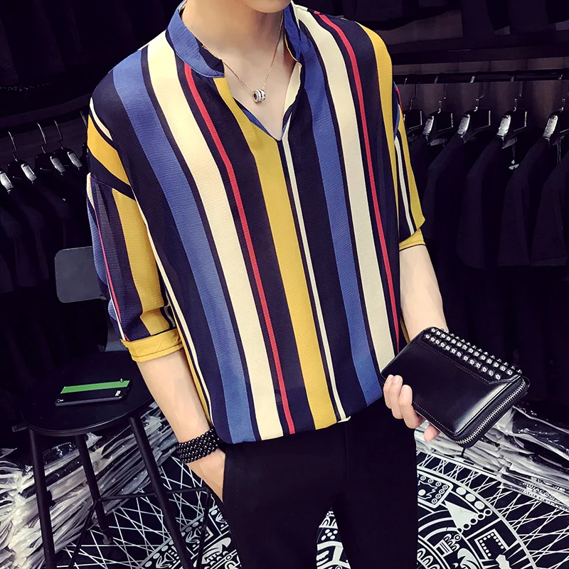 

YASUGUOJI New 2019 summer fashion contrast color vertical stripe v-neck half-sleeve shirt men chemise homme men's loose clothing