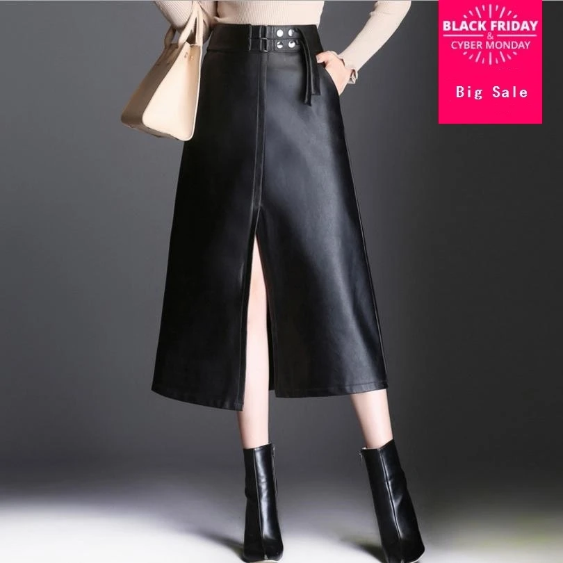 

European and American style large size split PU leather long skirt female 2018 new women's high waist slim A-line skirt L1054