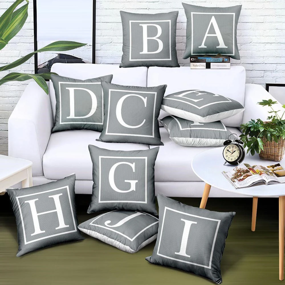 

26 English Alphabet Pattern Cushion Cover Grey Throw Pillowcase Single-sided Printing Pillowcase For Hotel Coffee Home Decor