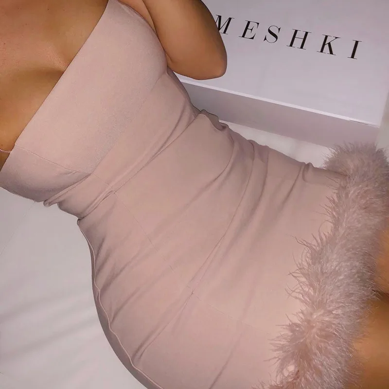 

SUNJINACRO 2019 Summer Fashion 3 Color Sleeveless Slash Neck Feathers Ornament Sexy Spaghetti Strap Mini Dress