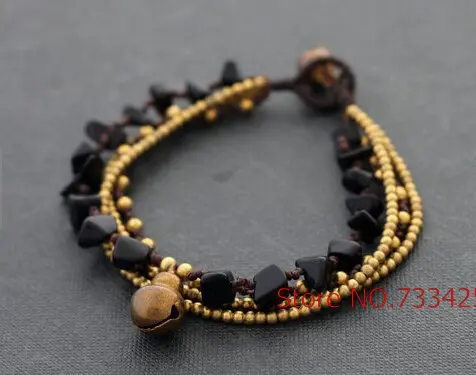 

Fashion Jewelry Jet Black Brass Charm Bracelet Handmade woven wax cord bracelet thai style brass bell closure bracelet