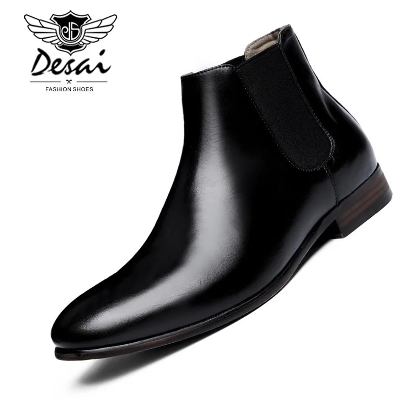 

DESAI Brand Genuine Leather Men Boots British Style All Match Black Brown Simple Pointed Toe Chelsea Boots Men Ankle Shoes