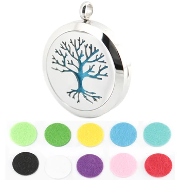 

10pcs 30mm tree of life Aromatherapy Essential Oil 316 Stainless Steel Perfume Diffuser Locket Necklace with chain