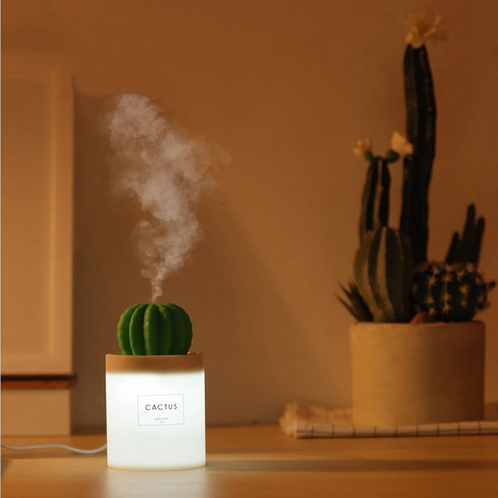 280ML Air Humidifier Soft LED Light Cactus Ultrasonic Aroma Essential Oil Diffuser for Home Car USB Mini Air Purifier