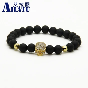 

Ailatu Wholesale 10pcs/lot 8mm A Grade Matte Onyx Stone with Micro Paved White Cz Exquisite Ugly Skull Bracelets