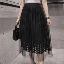 Приталенная плиссированная сетчатая юбка до середины голени для девочек; коллекция года; сезон весна-лето; Jupe femme Falda de las mujeres