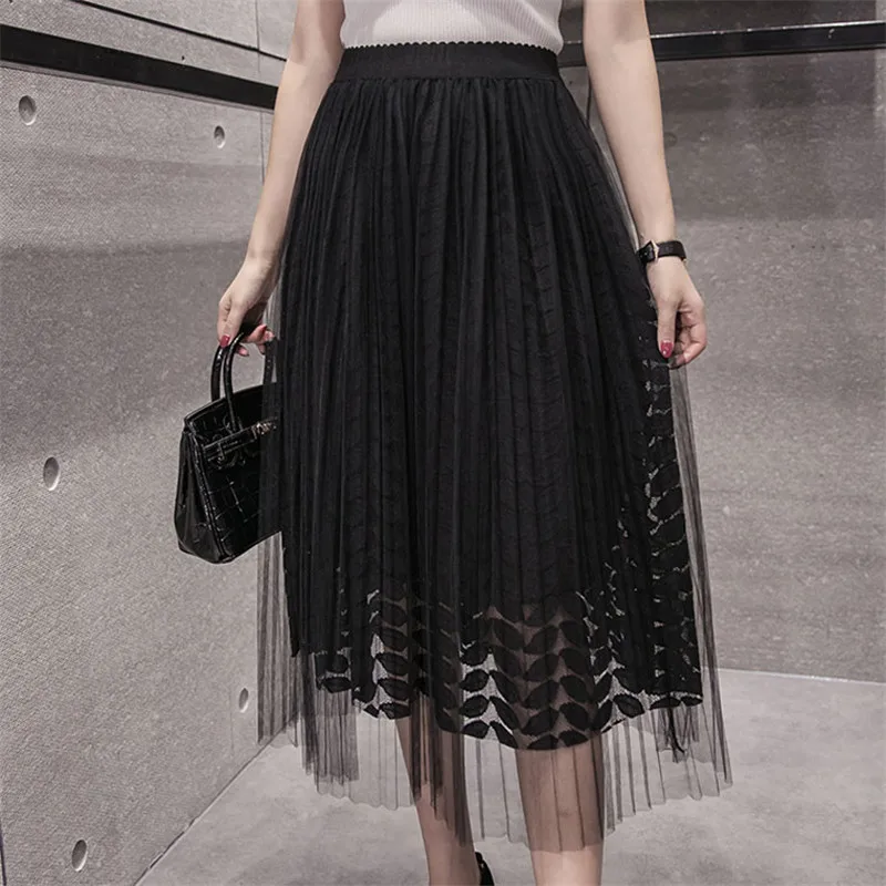 

Slim 2017 Spring Summer Girls Pleated Mesh Mid-Calf Skirt Women Jupe femme Falda de las mujeres