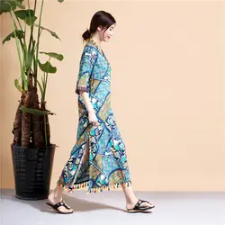 Летом Таиланд стильное платье Национальный стиль печати длинный халат пляжный туристический длинное платье короткий рукав traveller одежда