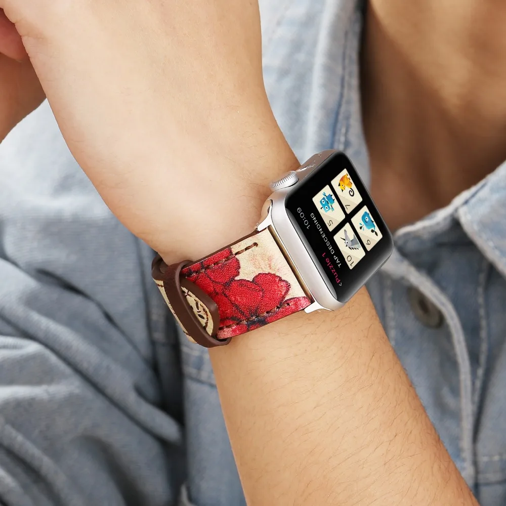 Ретро цветок печати кожаный ремешок для apple watch серии 4 3 2 1 из мягкой кожи замена 44/