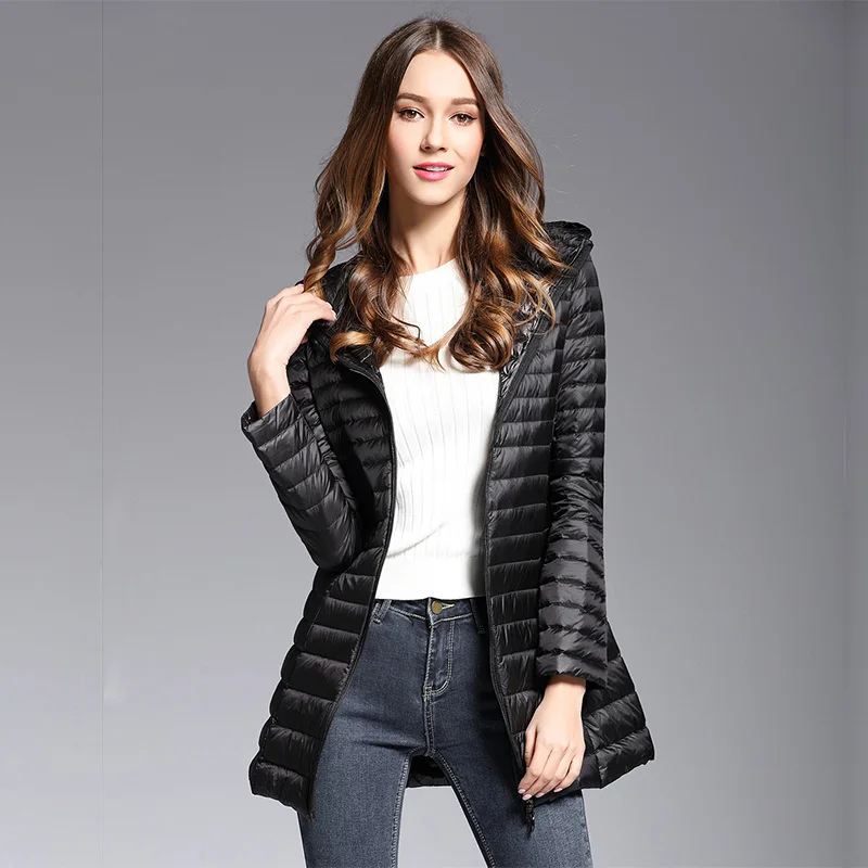 

CHANGYUGE 2017 Spring Padded Hooded Long Jacket Woman White Duck Down Female Overcoat Ultra Light Slim Solid Portable Parkas