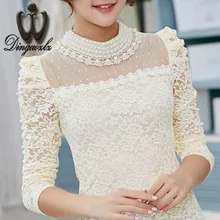 Dingaozlz Plus size Lace shirt long-sleeved Beaded Gauze Women lace Chiffon blouse shirt Slim ladies Sexy Floral lace Tops