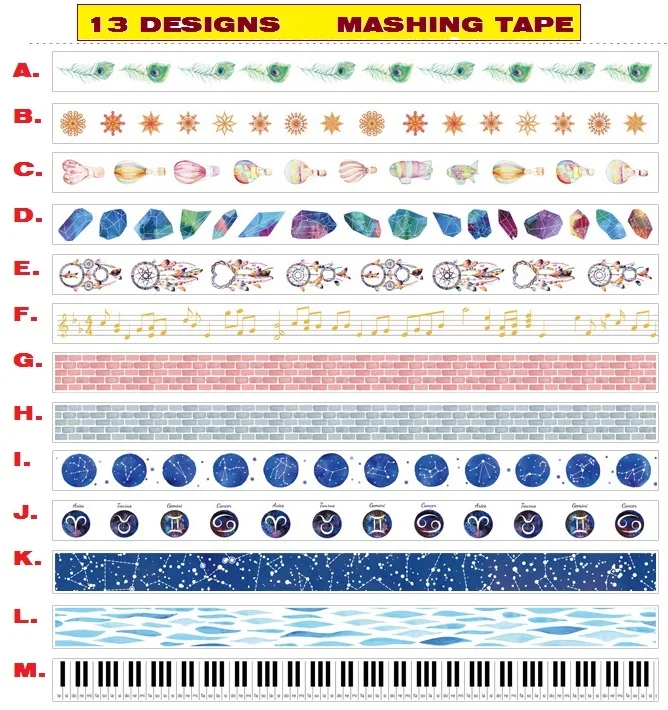 

13Designs 15/20mm*8M Star/Staff/Crystal/Constellation/Key/Wall Pattern Japanese Washi Decorative Adhesive DIY Masking Paper Tape