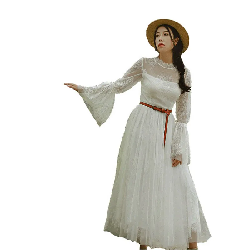 

Women Ladies Spring White Lace Mesh Retro Long Dress Long Sleeve Vintage Elegant Casual Maxi Dress Robe Longue Femme clothes New