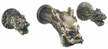 Cheap Double Handles Antique Brass Widespread Dragon Pattern Bathroom Sink Faucet Wall Mounted Luxury Tap