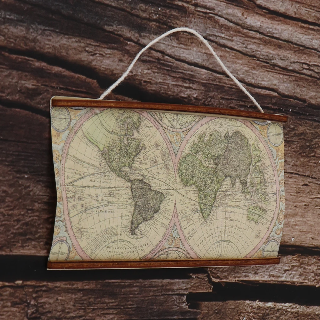Miniature Vintage Big Map of the World for 1/6 1/12 Scale Dollhouse Room Wall Ornament Dollhouse Wall Decoration Accessory