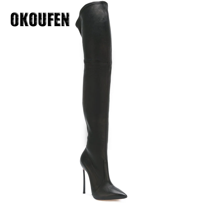 Skup 35 43 PU suede 2 opcja plus rozmiar punkt toe wiosna nad buty do kolan kobiet buty 2017 długie buty do kolan z metalowe obcasy