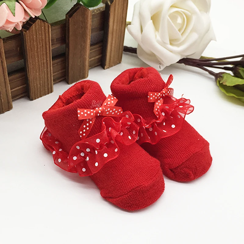 Хлопковые короткие носки для малышей 0-6 месяцев, носки принцессы с бантиками для маленьких девочек, красные носки для малышей