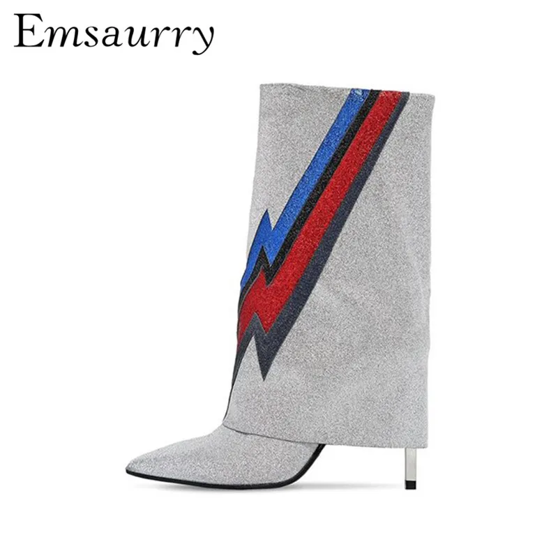 

New Autumn Winter Mid Calf Boots Women Point Toe 10cm Stiletto Heel Bling Sequins Glitter Flash Turn Up Botas Mujer