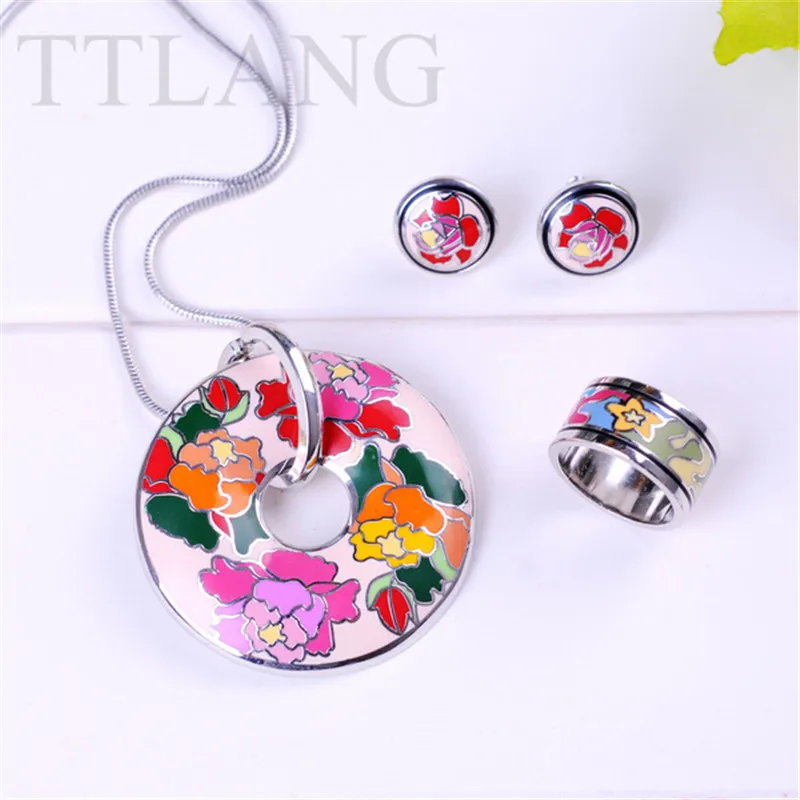 

Free Shipping! New Arrival Silver Plated Colorful Flowers Enamel Jewelry Set (Necklace, Ring, Earrings), 1 Set/pack
