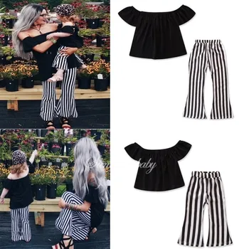 

Plus Size Family Matching T Shirt+wide Leg Pants Off Shoulder Crop Top Tee Long Striped Trousers Women and Baby Girl Yoga Pants