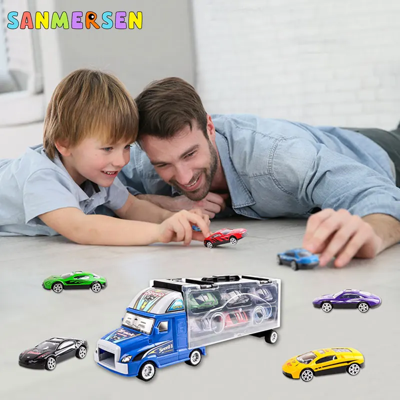 

12Pcs/Set Transport Car Carrier Truck Boys Car Model Toy Ejection Car (include Alloy 12 cars &1Transport Car )For Children Gifts
